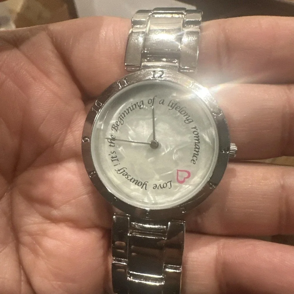 Working Silver Ladies Watch 35mm Inspirational Saying Love Yourself Fit 6in Runs